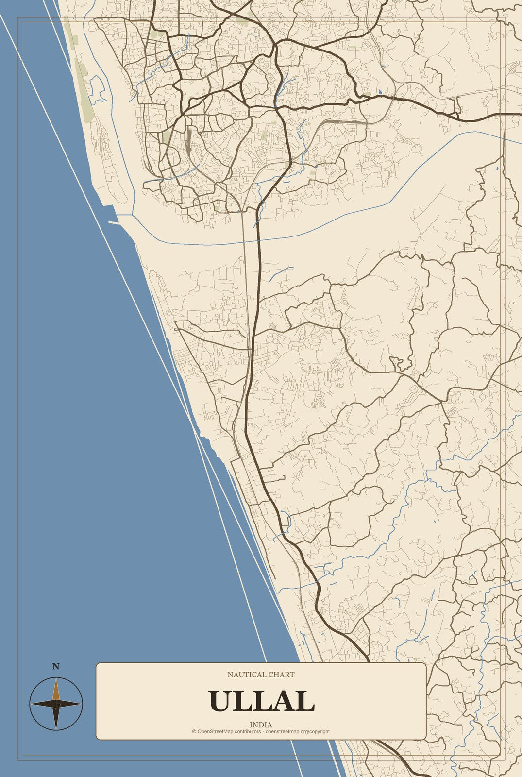 Ullal, India City Map Aluminum Sign in Heritage Nautical style