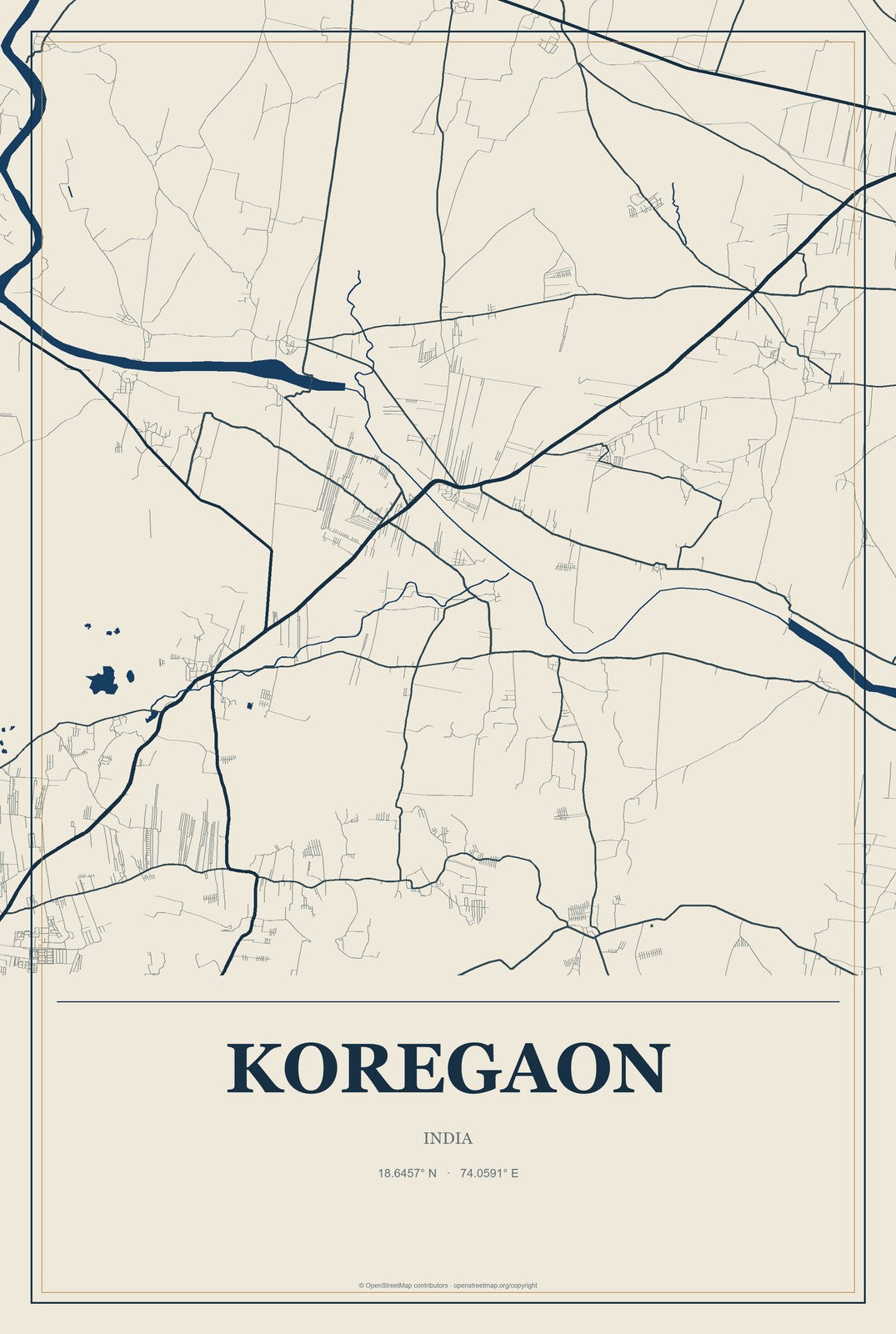 Koregaon, India City Map Aluminum Sign in Coastal Cutout style