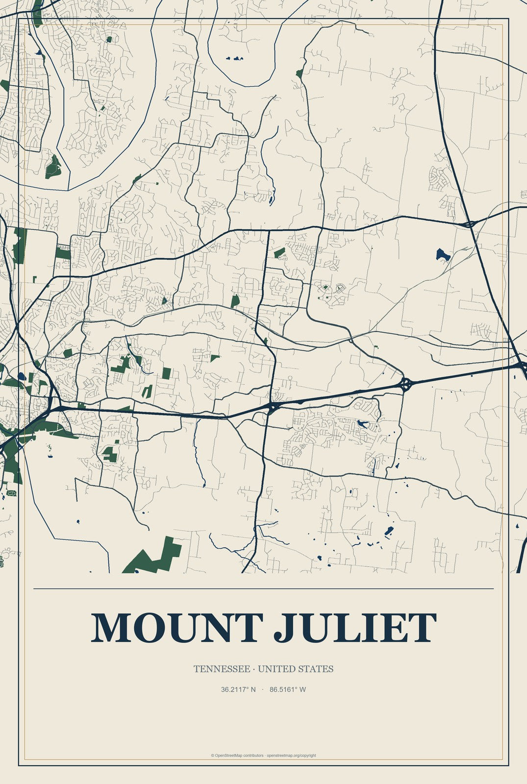 Mount Juliet, Tennessee City Map Aluminum Sign in Coastal Cutout style