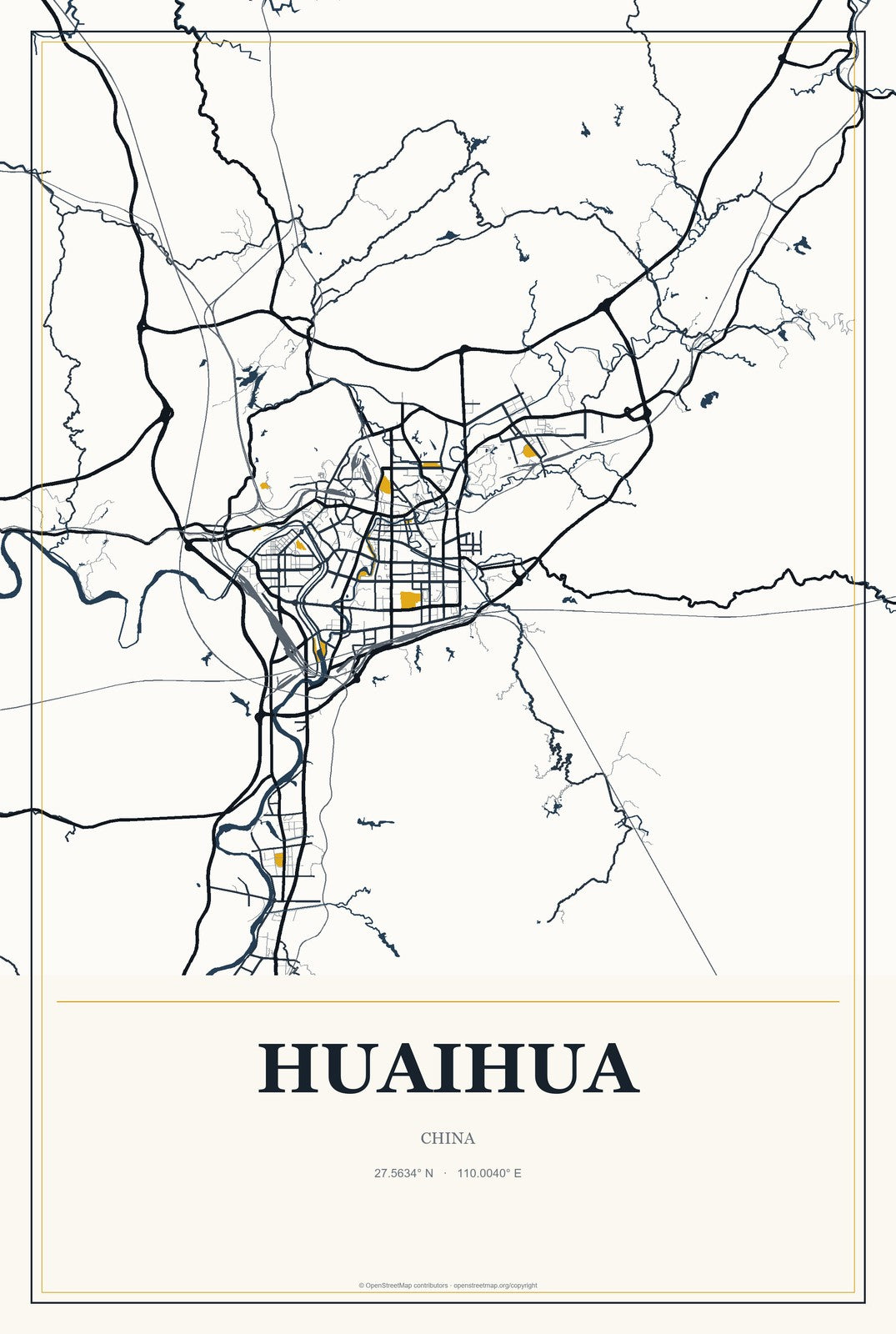 Huaihua, China City Map Aluminum Sign in Citrine Modern style