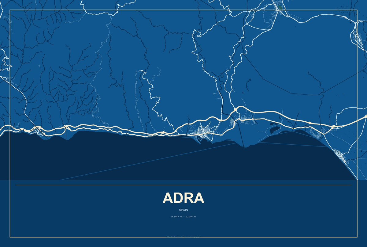 Adra, Spain City Map Aluminum Sign in Harbor Cobalt style