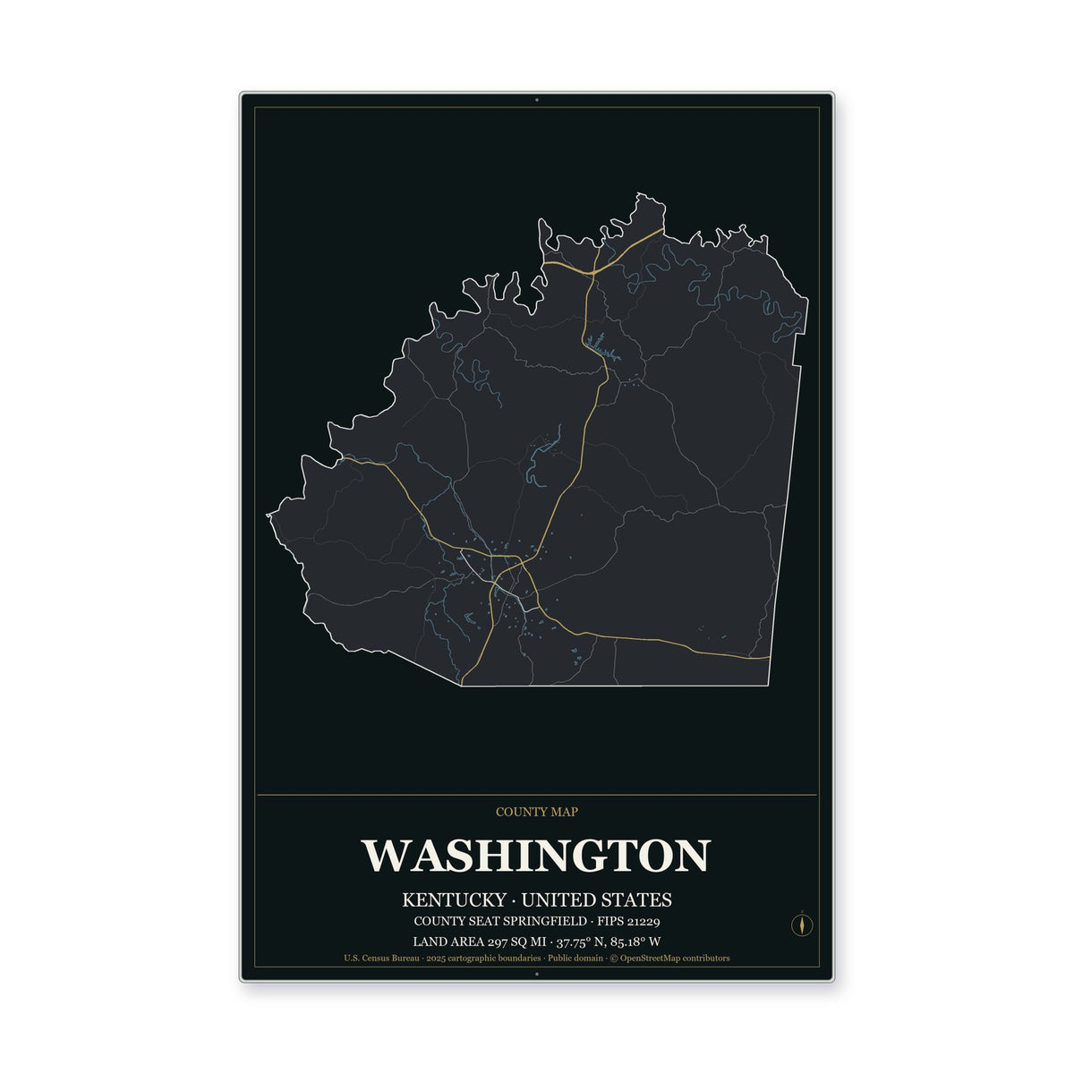 Washington County, Kentucky Map Aluminum Sign in Metropolitan Noir style