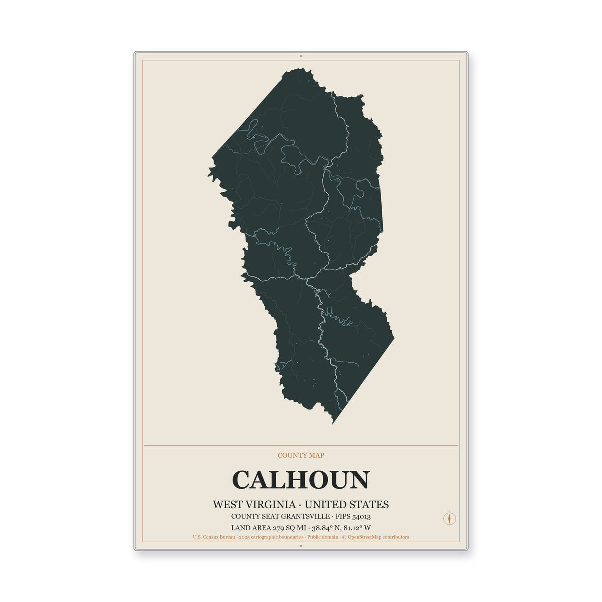 Calhoun County, West Virginia Map Aluminum Sign in Headline Atlas style
