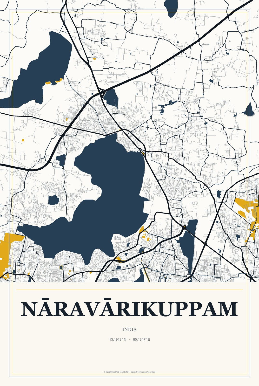 Nāravārikuppam, India City Map Aluminum Sign in Citrine Modern style