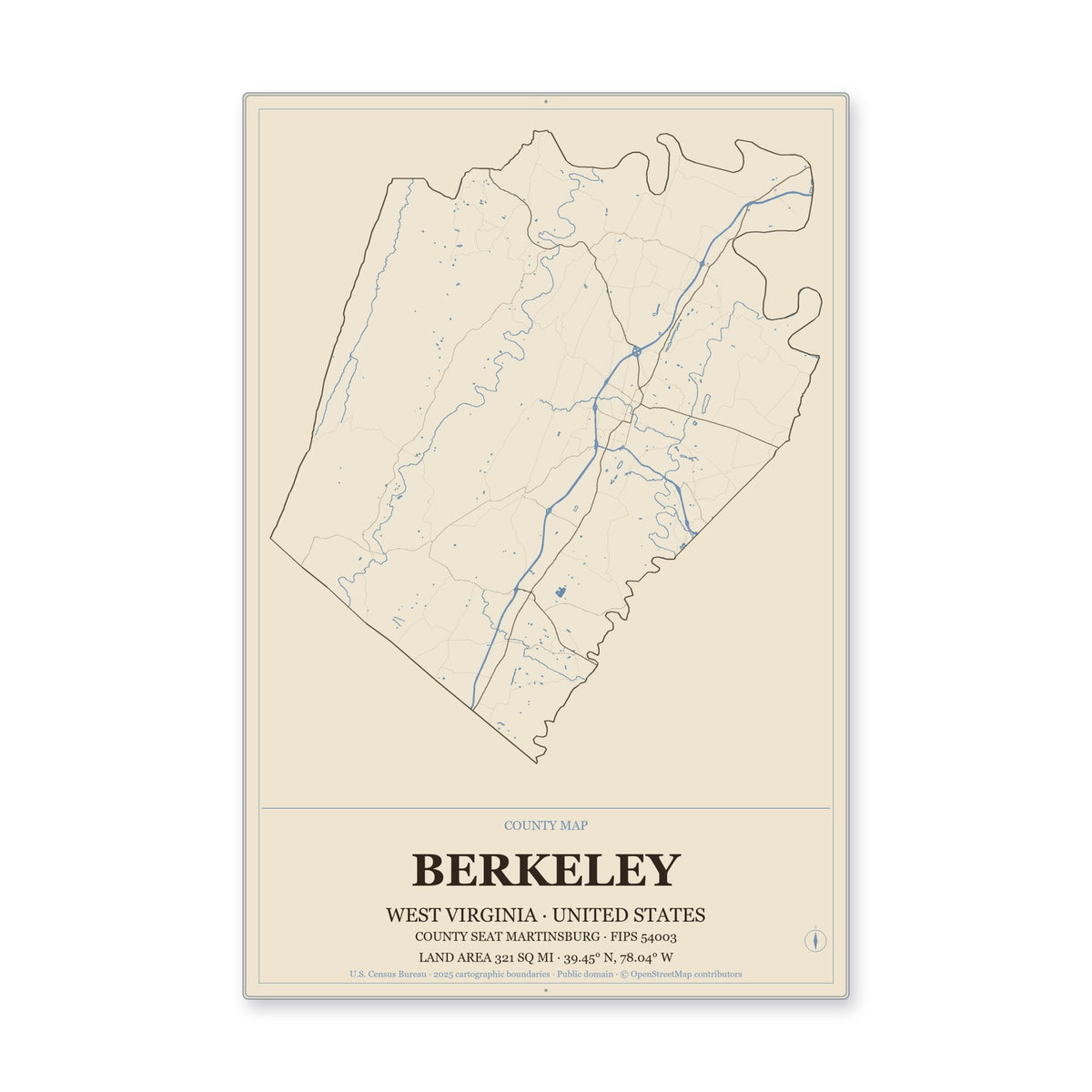 Berkeley County, West Virginia Map Aluminum Sign in Heritage Nautical style