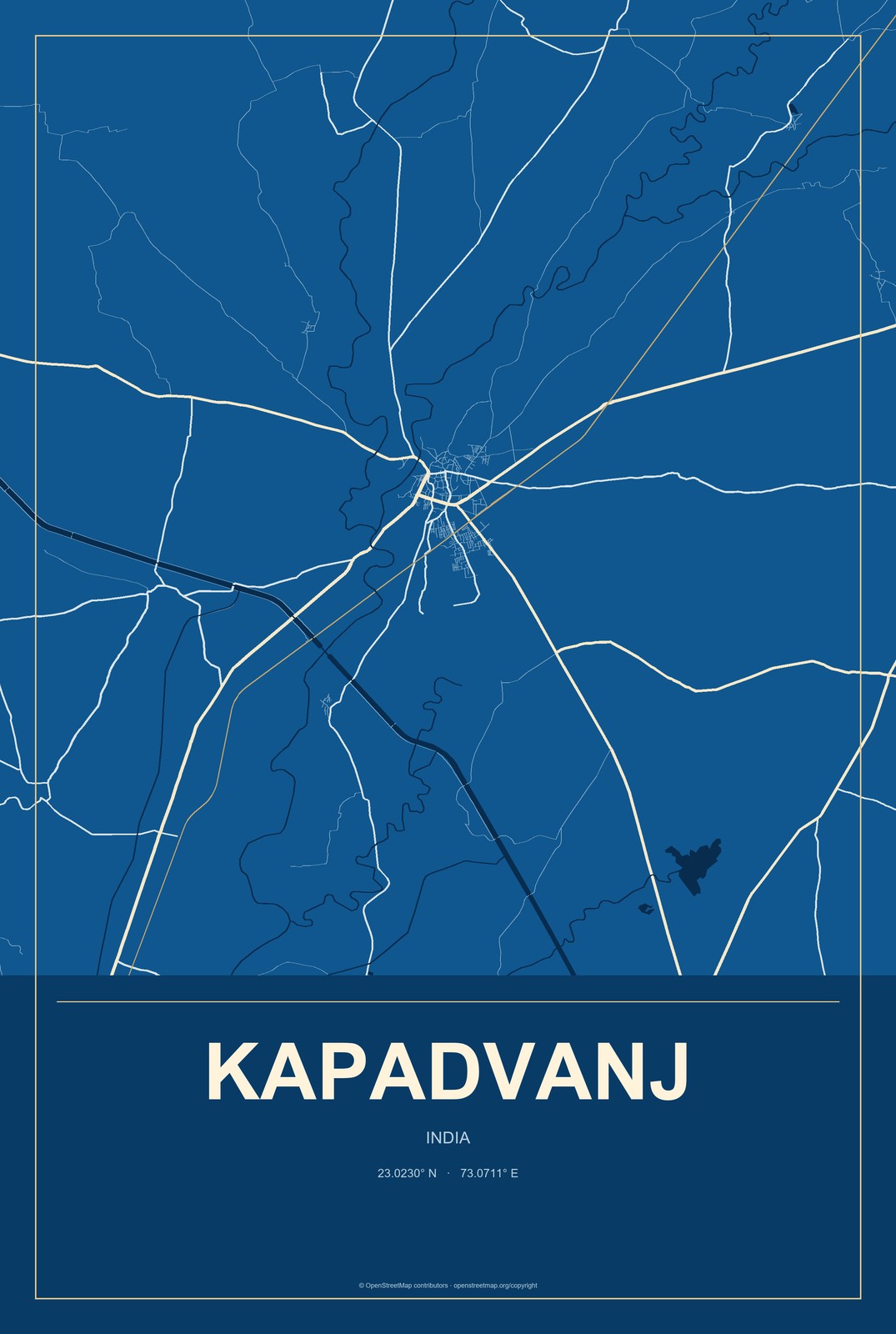 Kapadvanj, India City Map Aluminum Sign in Harbor Cobalt style