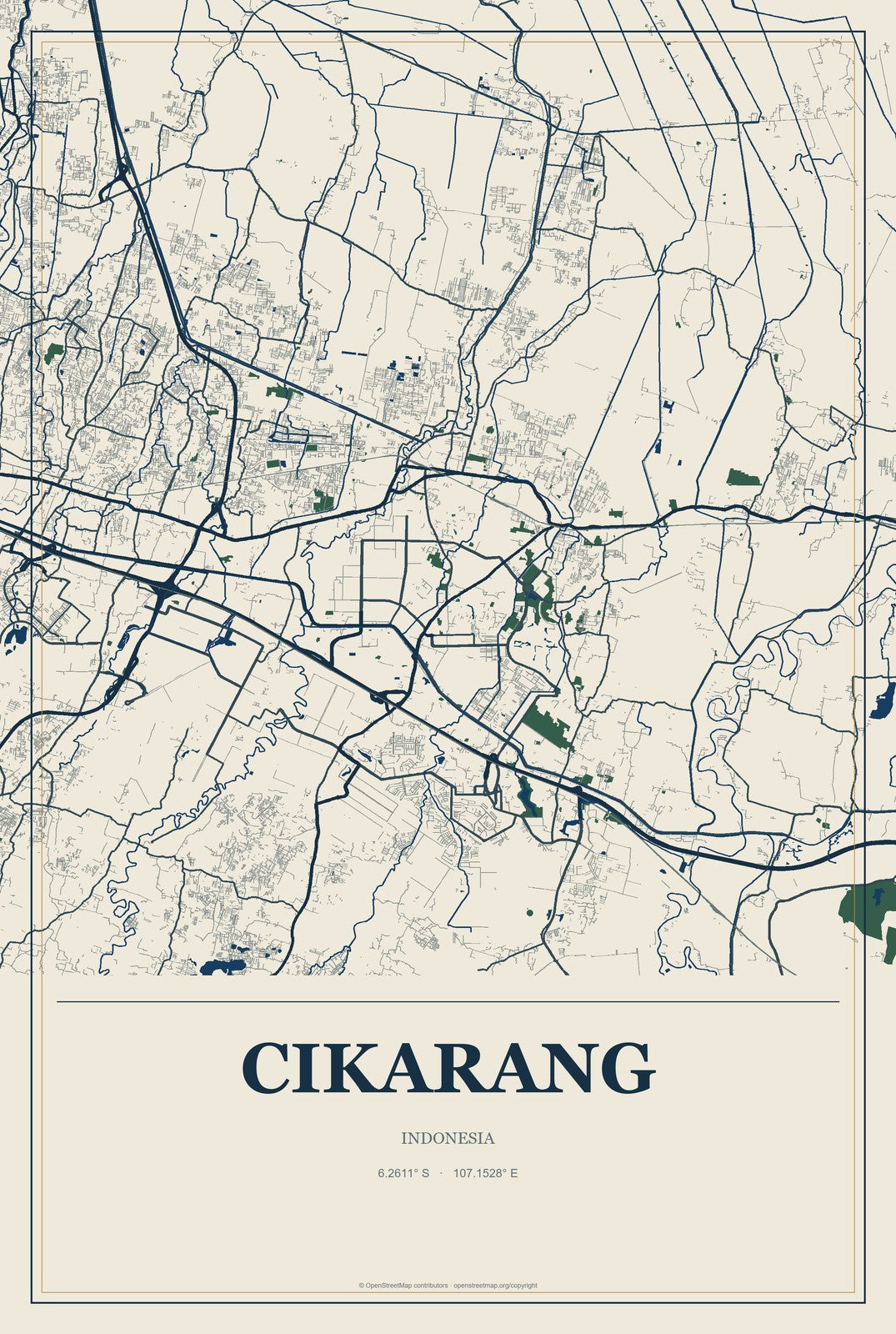 Cikarang, Indonesia City Map Aluminum Sign in Coastal Cutout style