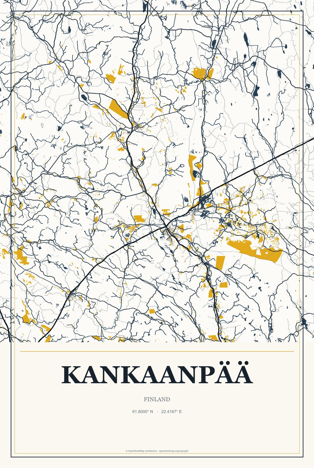 Kankaanpää, Finland City Map Aluminum Sign in Citrine Modern style