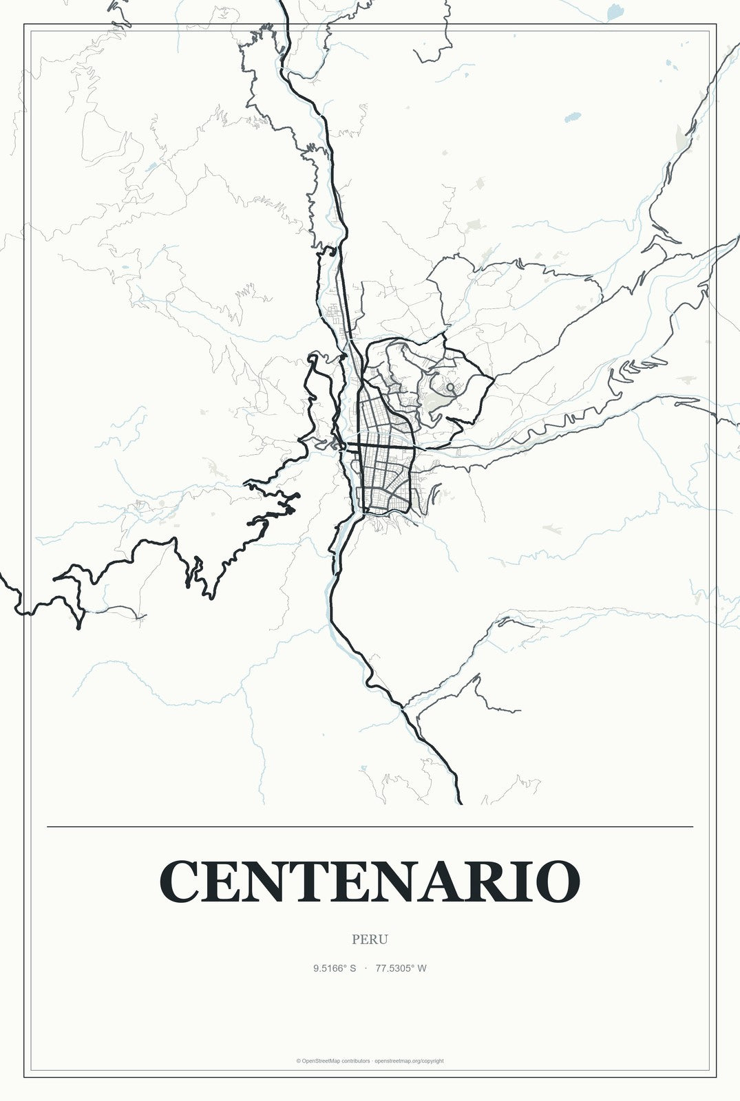 Centenario, Peru City Map Aluminum Sign in Gallery Air style