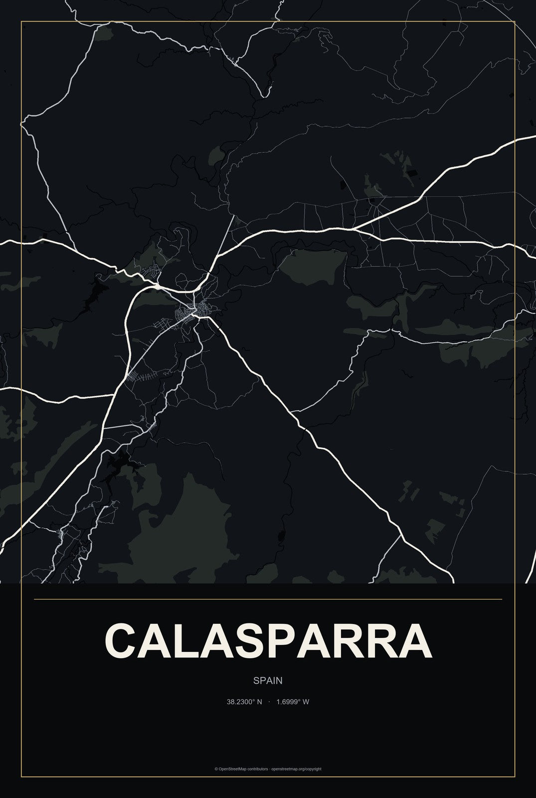 Calasparra, Spain City Map Aluminum Sign in Metropolitan Noir style