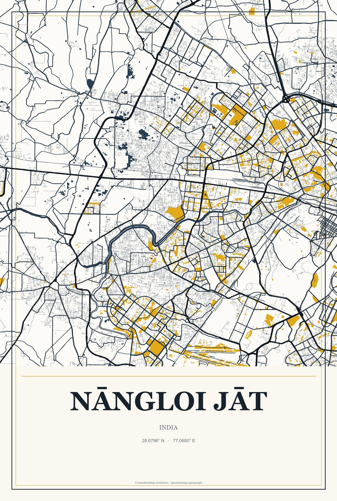 Nāngloi Jāt, India City Map Aluminum Sign in Citrine Modern style