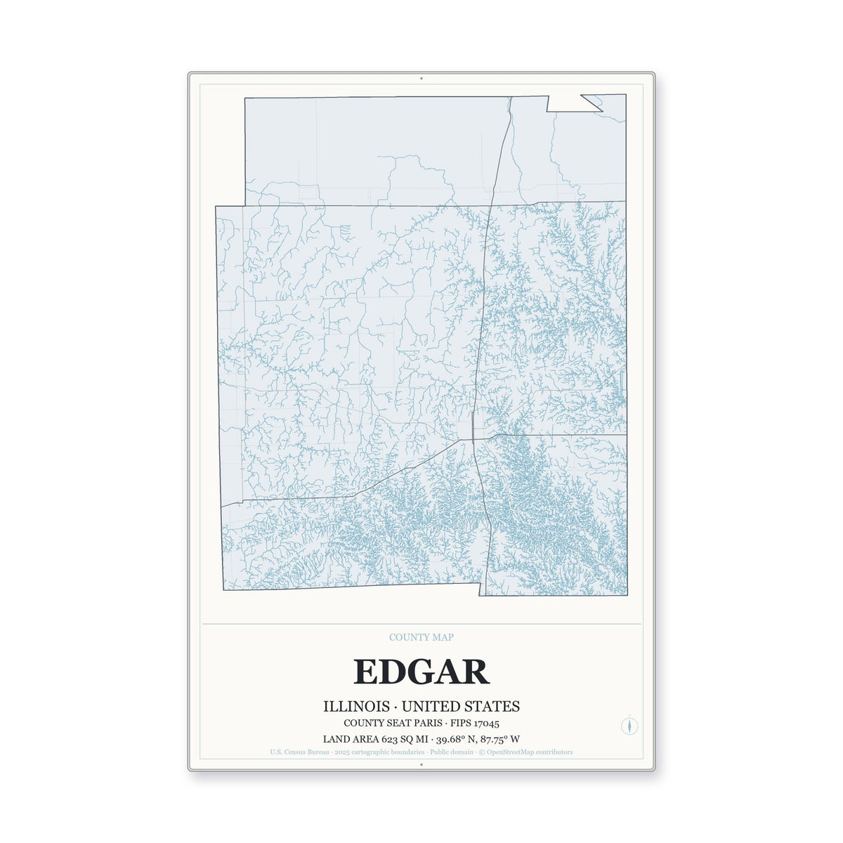 Edgar County, Illinois Map Aluminum Sign in Gallery Air style