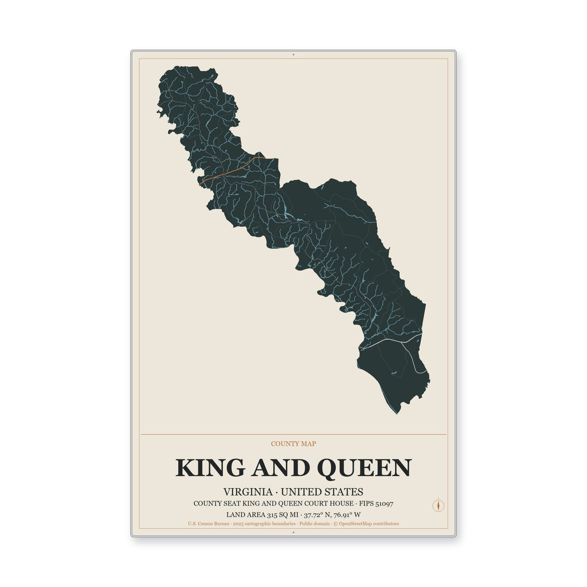 King and Queen County, Virginia Map Aluminum Sign in Headline Atlas style