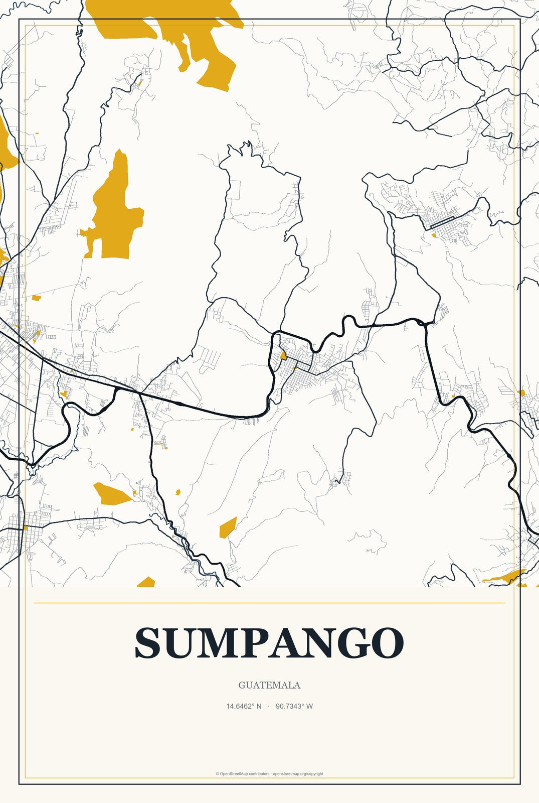Sumpango, Guatemala City Map Aluminum Sign in Citrine Modern style