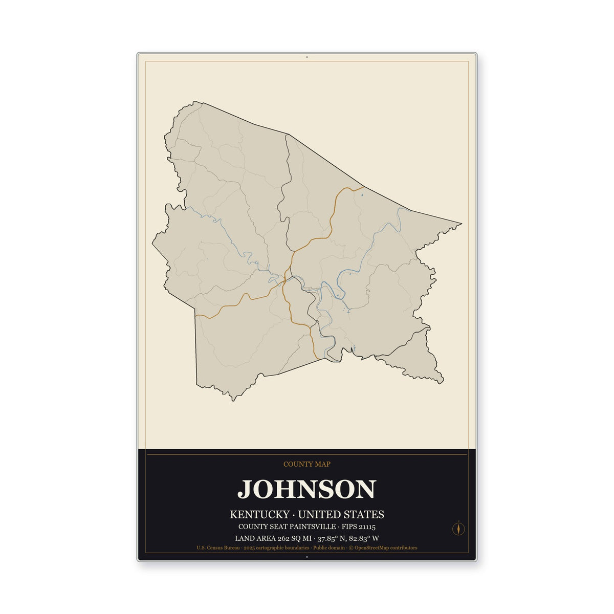 Johnson County, Kentucky Map Aluminum Sign in Museum Plaque style