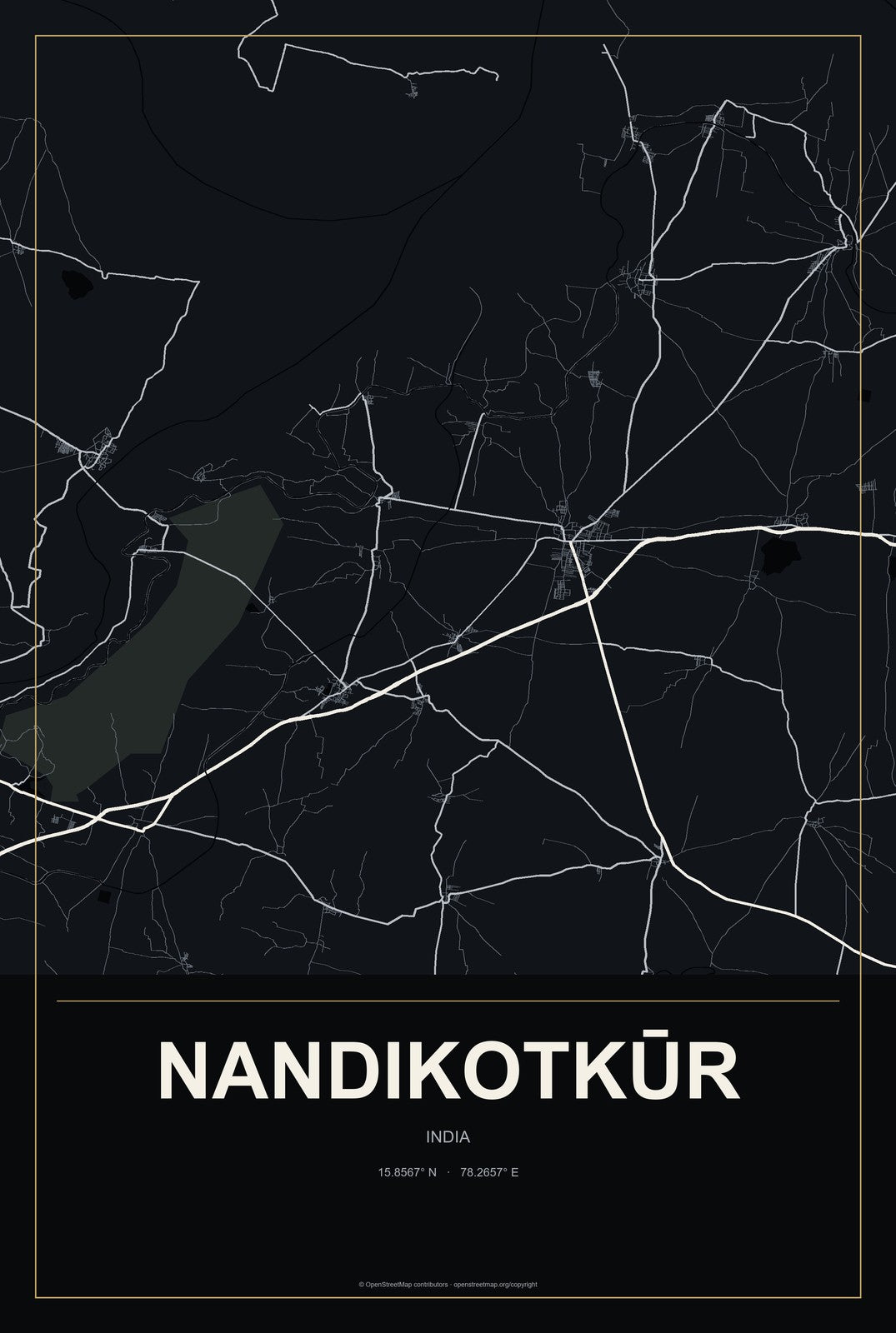 Nandikotkūr, India City Map Aluminum Sign in Metropolitan Noir style