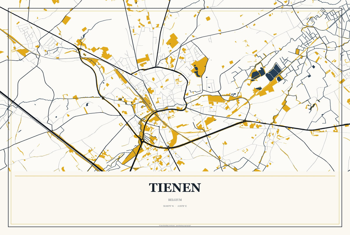 Tienen, Belgium City Map Aluminum Sign in Citrine Modern style
