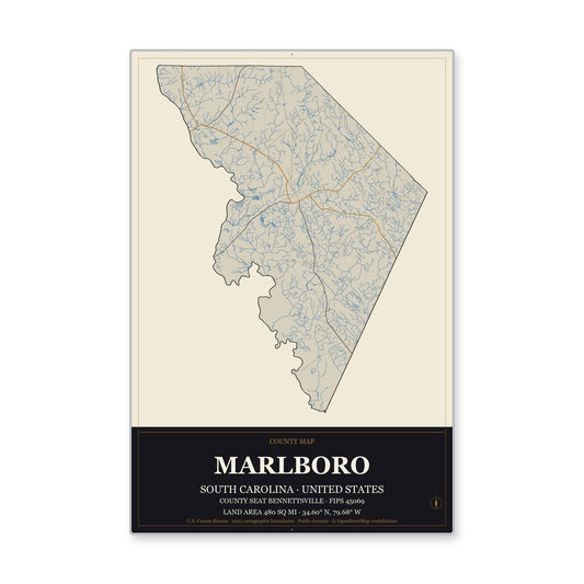 Marlboro County, South Carolina Map Aluminum Sign in Museum Plaque style