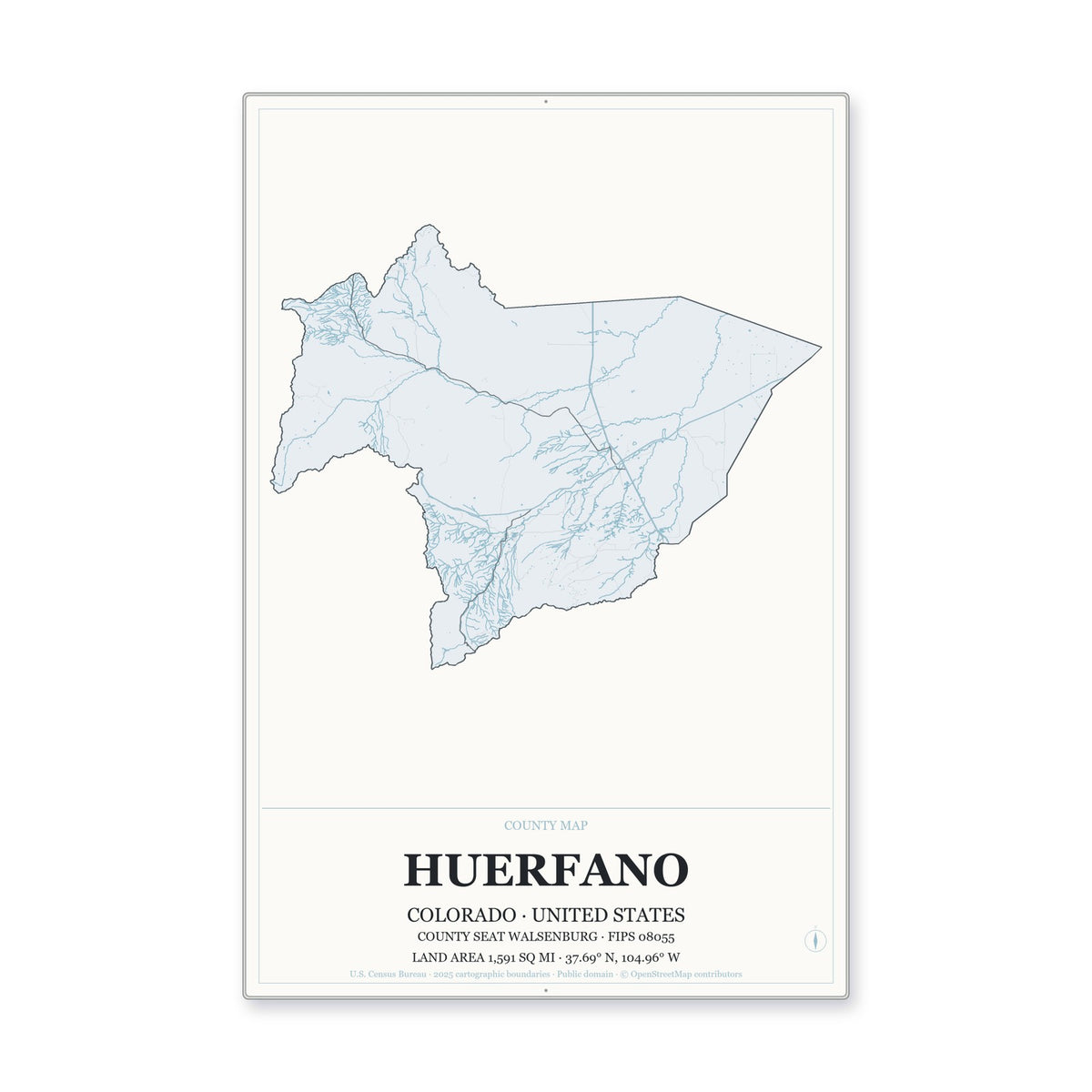 Huerfano County, Colorado Map Aluminum Sign in Gallery Air style