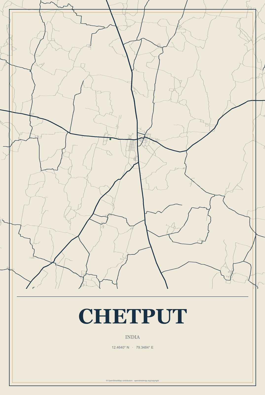 Chetput, India City Map Aluminum Sign in Coastal Cutout style
