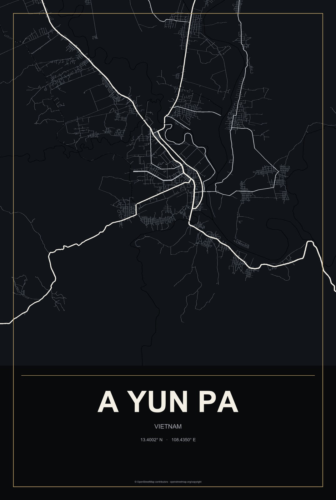 A Yun Pa, Vietnam City Map Aluminum Sign in Metropolitan Noir style