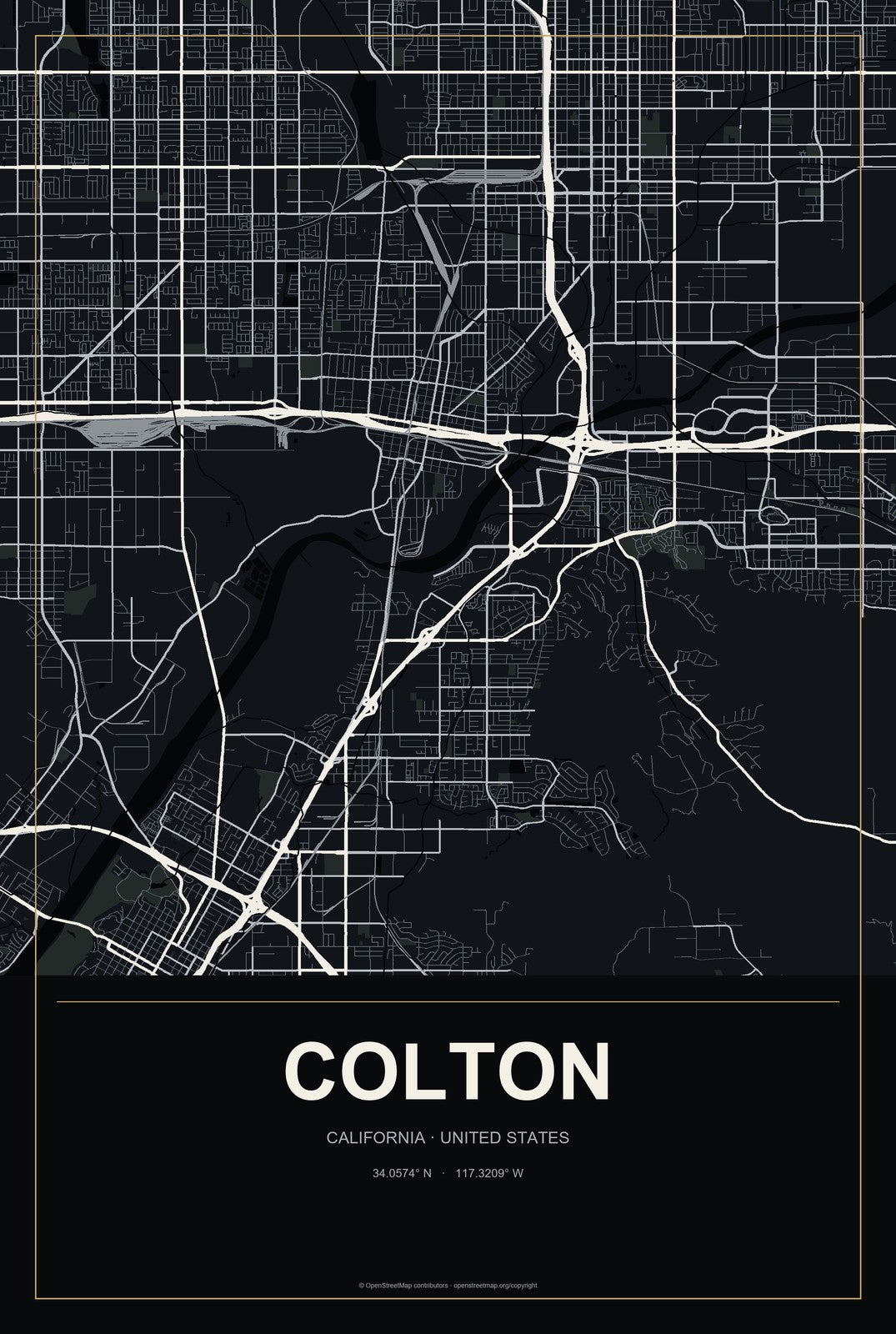 Colton, California City Map Aluminum Sign in Metropolitan Noir style