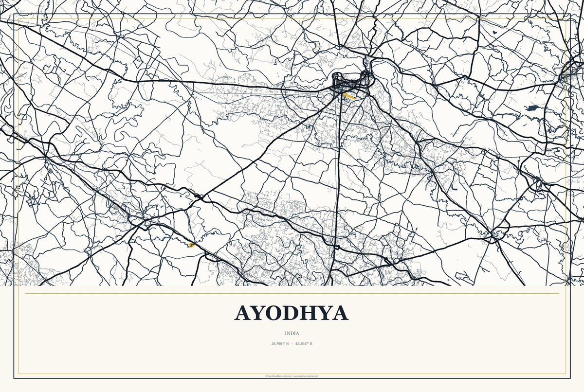 Ayodhya, India City Map Aluminum Sign in Citrine Modern style