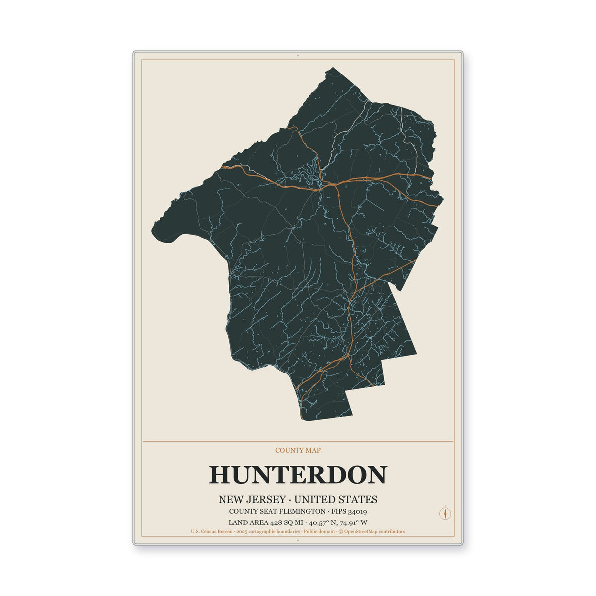 Hunterdon County, New Jersey Map Aluminum Sign in Headline Atlas style