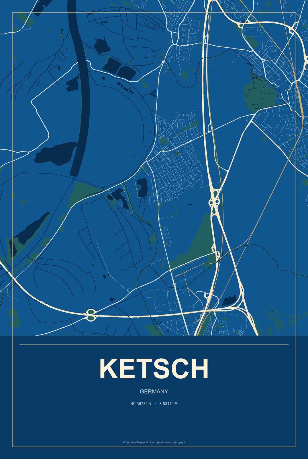 Ketsch, Germany City Map Aluminum Sign in Harbor Cobalt style