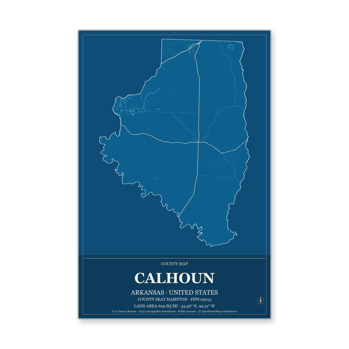 Calhoun County, Arkansas Map Aluminum Sign in Harbor Cobalt style