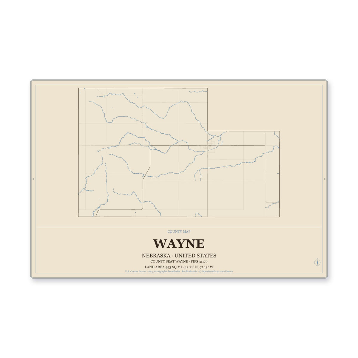 Wayne County, Nebraska Map Aluminum Sign in Heritage Nautical style