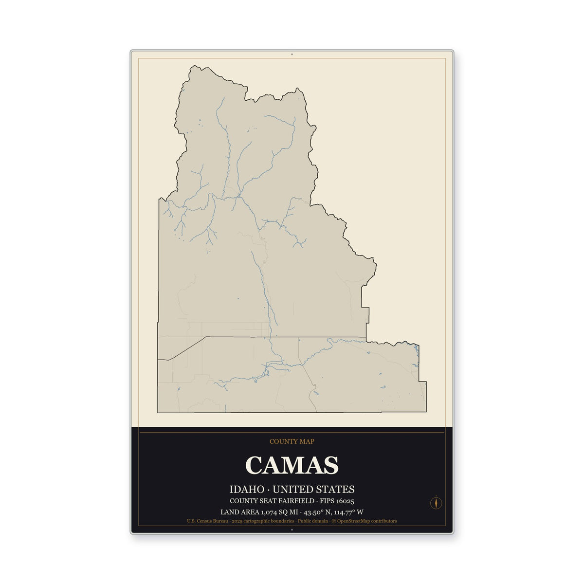Camas County, Idaho Map Aluminum Sign in Museum Plaque style