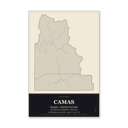 Camas County, Idaho Map Aluminum Sign in Museum Plaque style