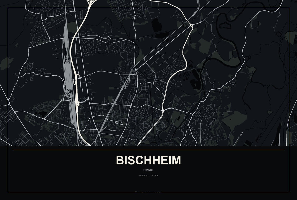 Bischheim, France City Map Aluminum Sign in Metropolitan Noir style