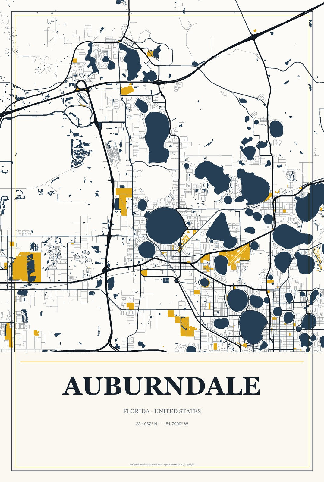 Auburndale, Florida City Map Aluminum Sign in Citrine Modern style