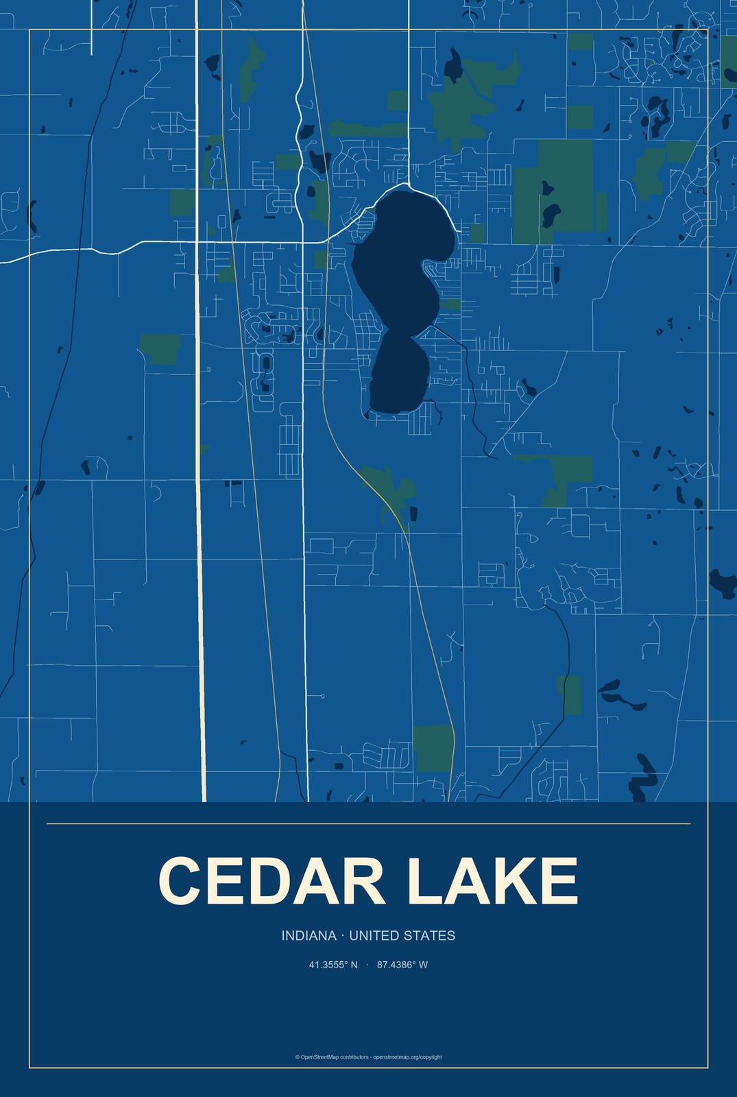 Cedar Lake, Indiana City Map Aluminum Sign in Harbor Cobalt style