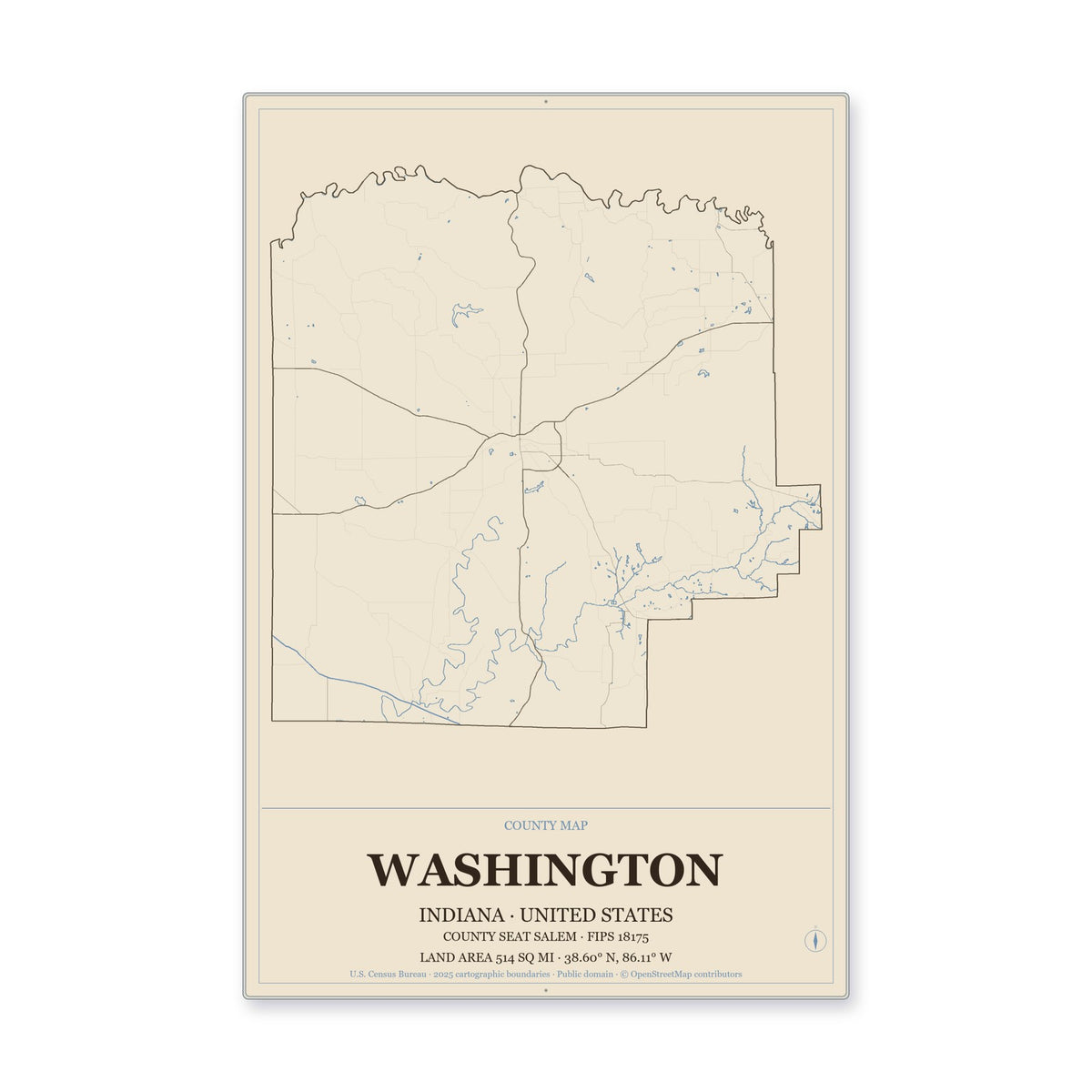 Washington County, Indiana Map Aluminum Sign in Heritage Nautical style