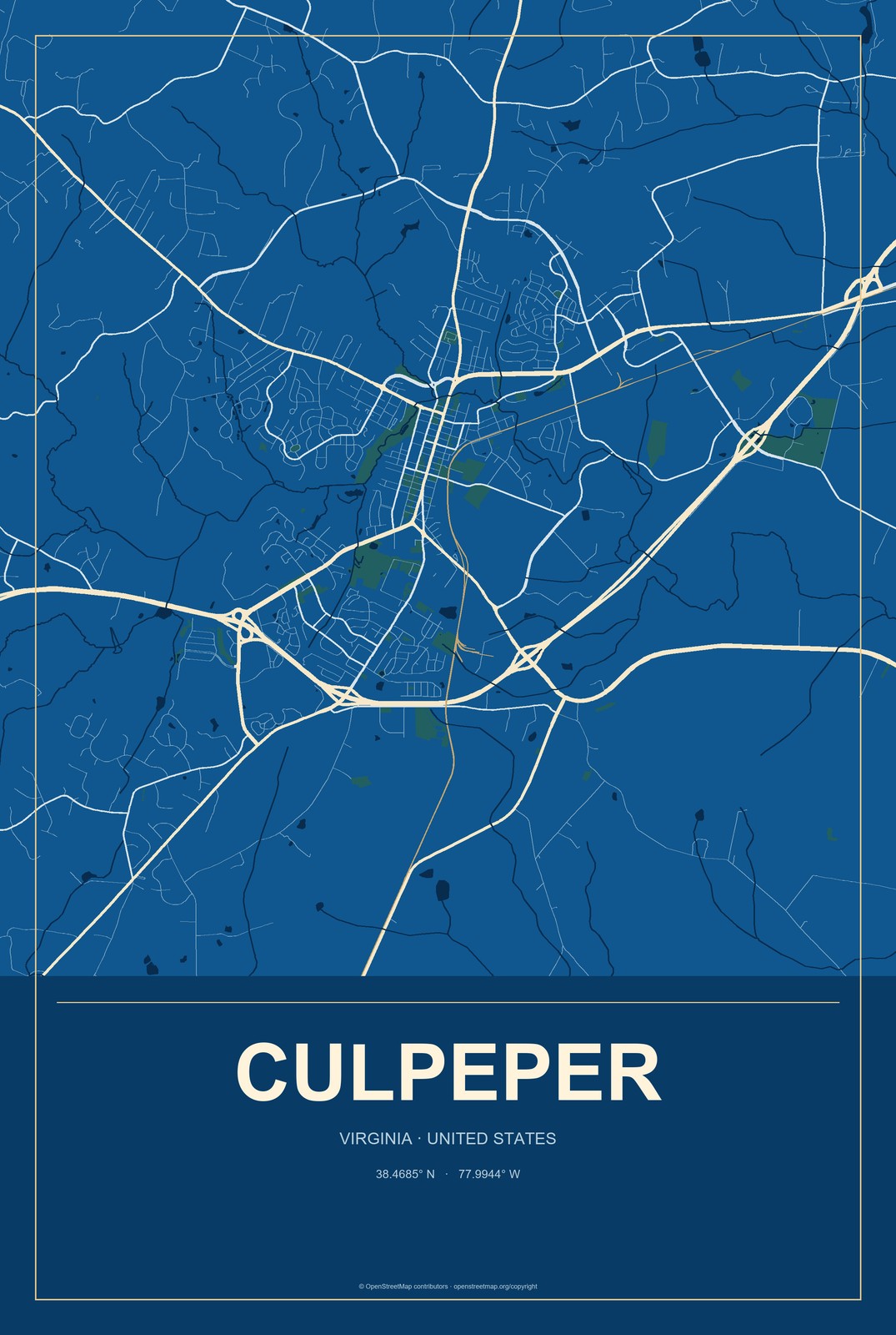 Culpeper, Virginia City Map Aluminum Sign in Harbor Cobalt style