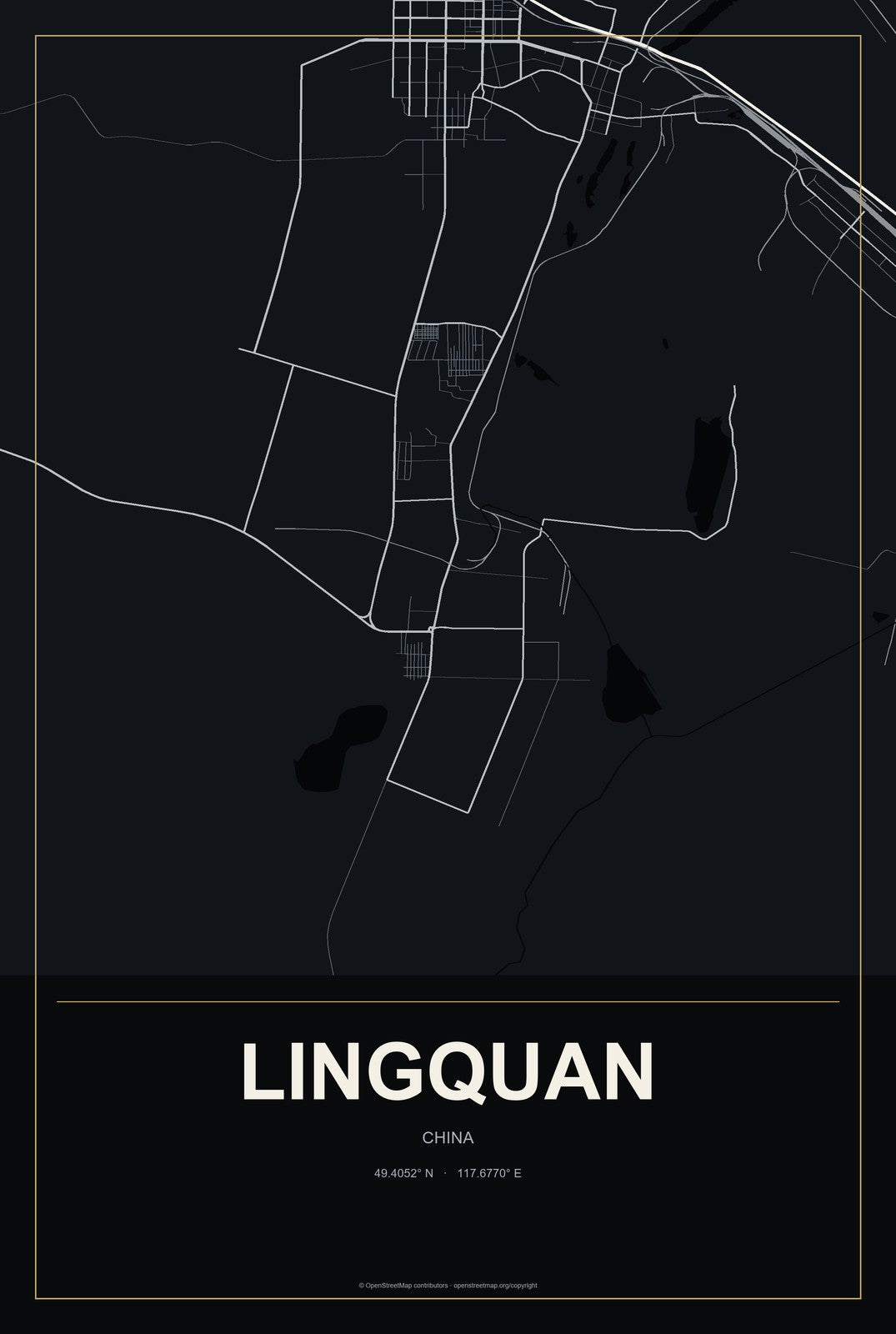 Lingquan, China City Map Aluminum Sign in Metropolitan Noir style