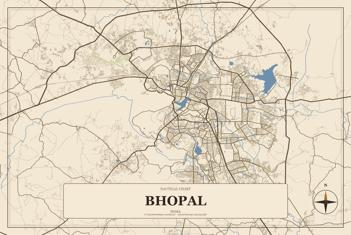 Bhopal, India City Map Aluminum Sign in Heritage Nautical style