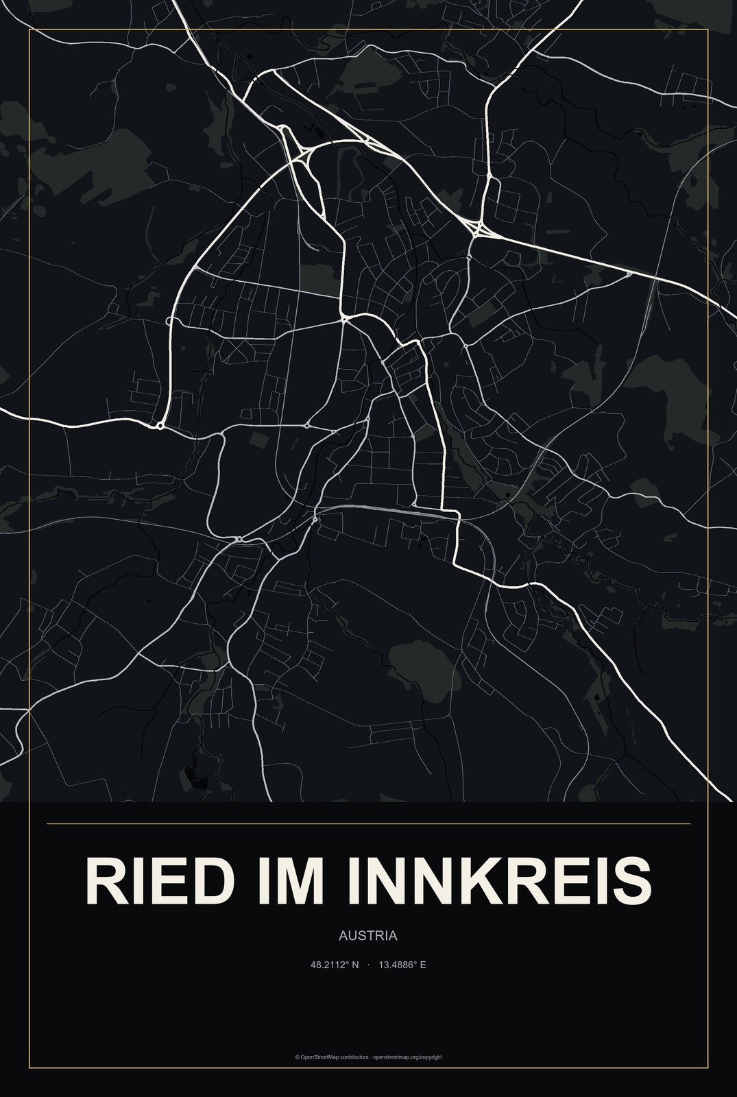 Ried im Innkreis, Austria City Map Aluminum Sign in Metropolitan Noir style