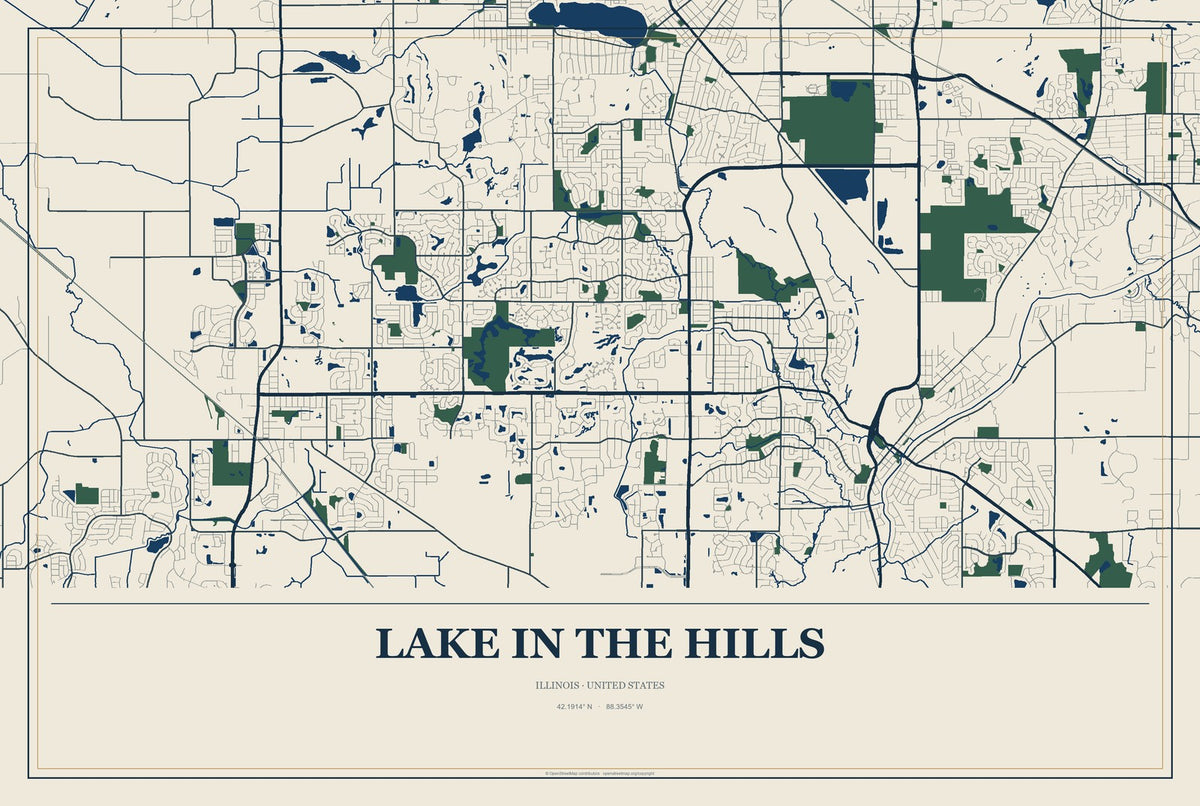 Lake in the Hills, Illinois City Map Aluminum Sign in Coastal Cutout style