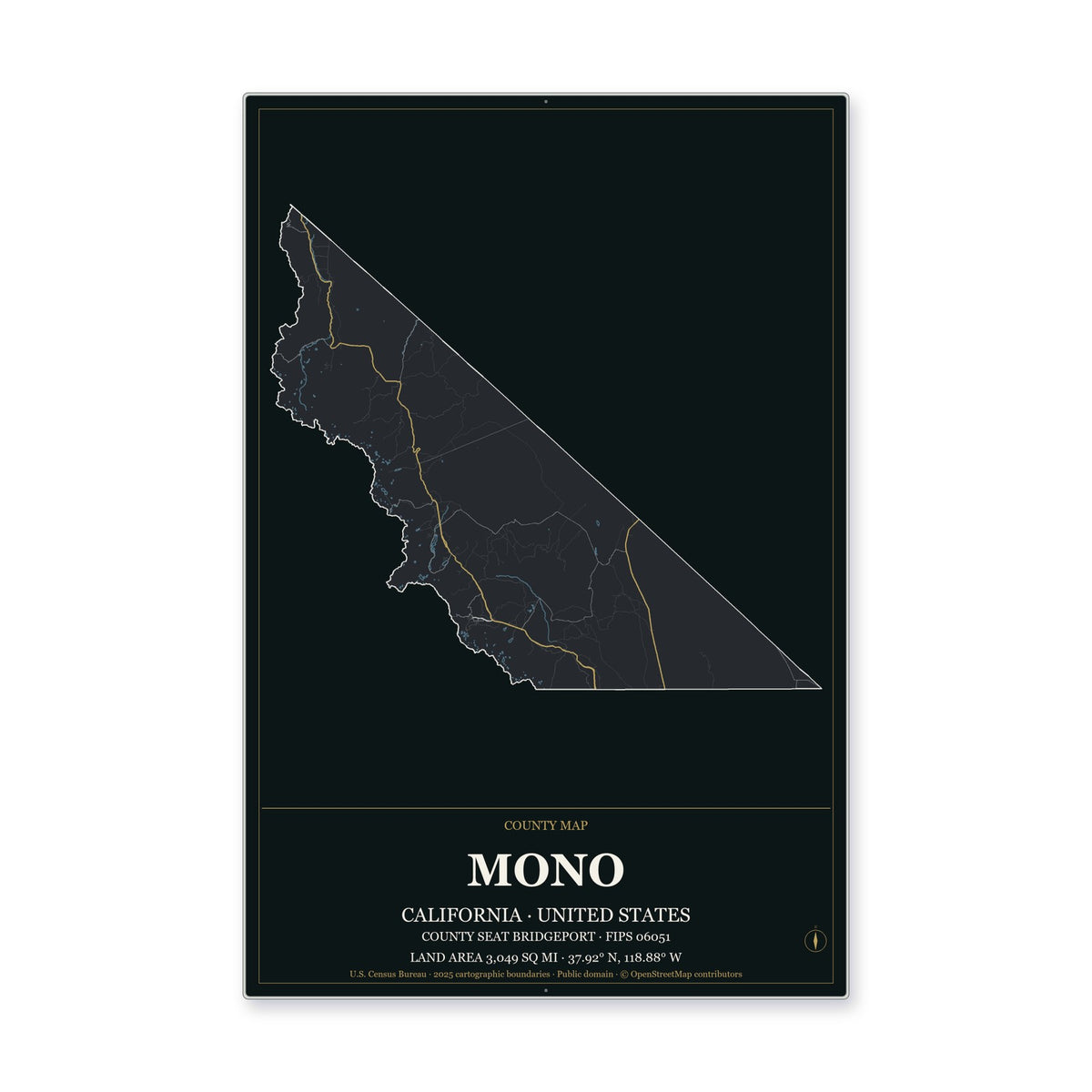 Mono County, California Map Aluminum Sign in Metropolitan Noir style