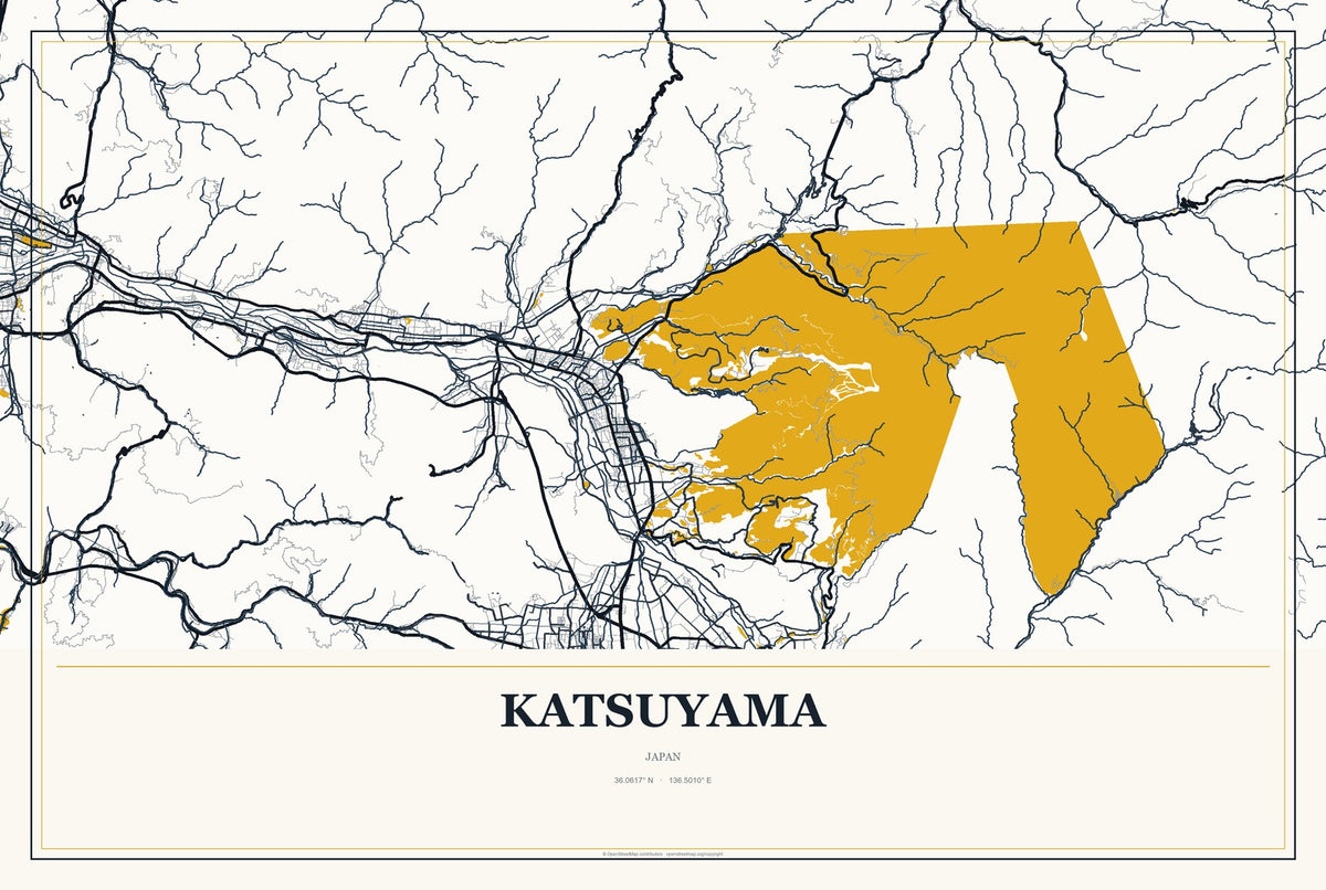 Katsuyama, Japan City Map Aluminum Sign in Citrine Modern style