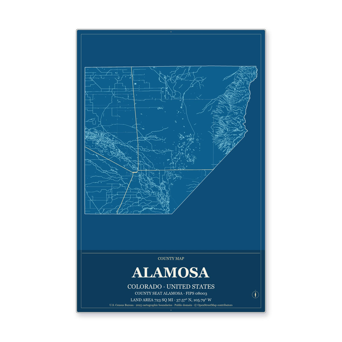 Alamosa County, Colorado Map Aluminum Sign in Harbor Cobalt style