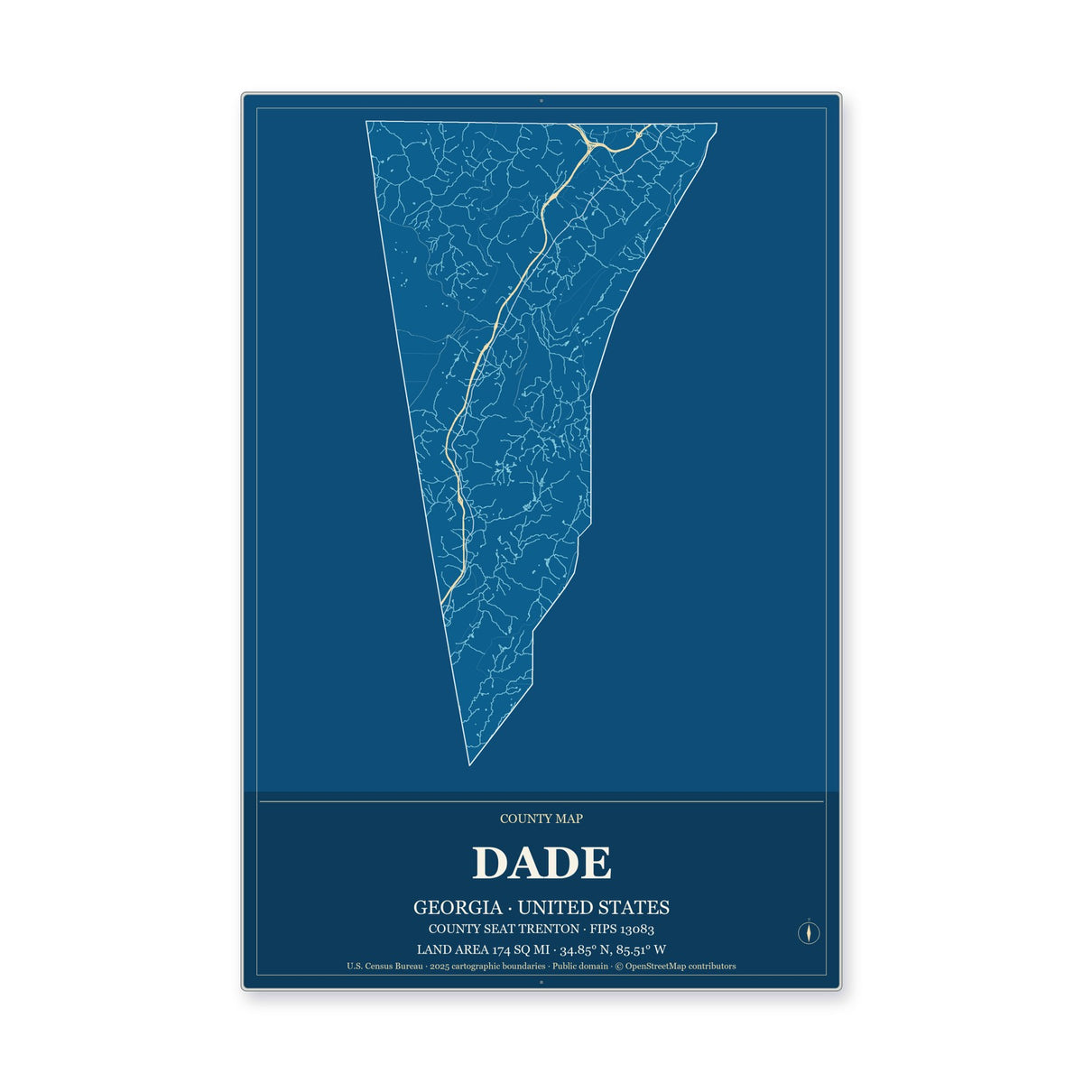 Dade County, Georgia Map Aluminum Sign in Harbor Cobalt style