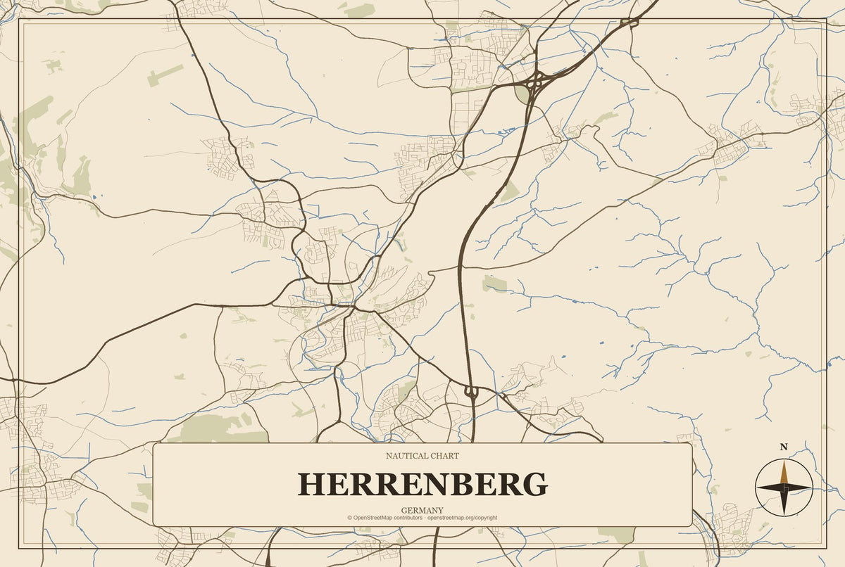 Herrenberg, Germany City Map Aluminum Sign in Heritage Nautical style