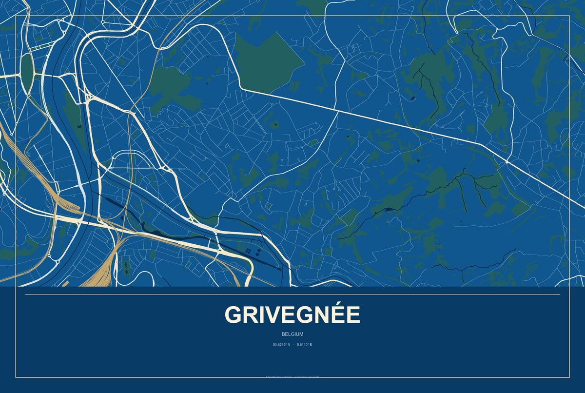 Grivegnée, Belgium City Map Aluminum Sign in Harbor Cobalt style