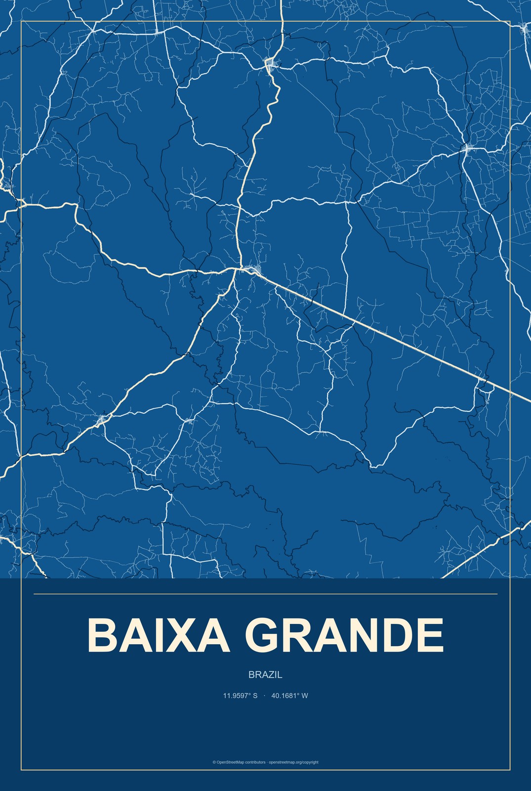 Baixa Grande, Brazil City Map Aluminum Sign in Harbor Cobalt style