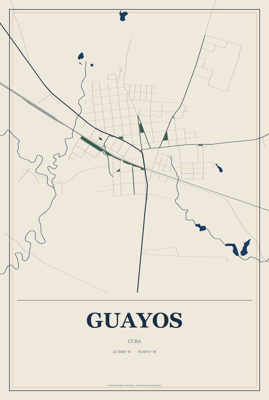 Guayos, Cuba City Map Aluminum Sign in Coastal Cutout style